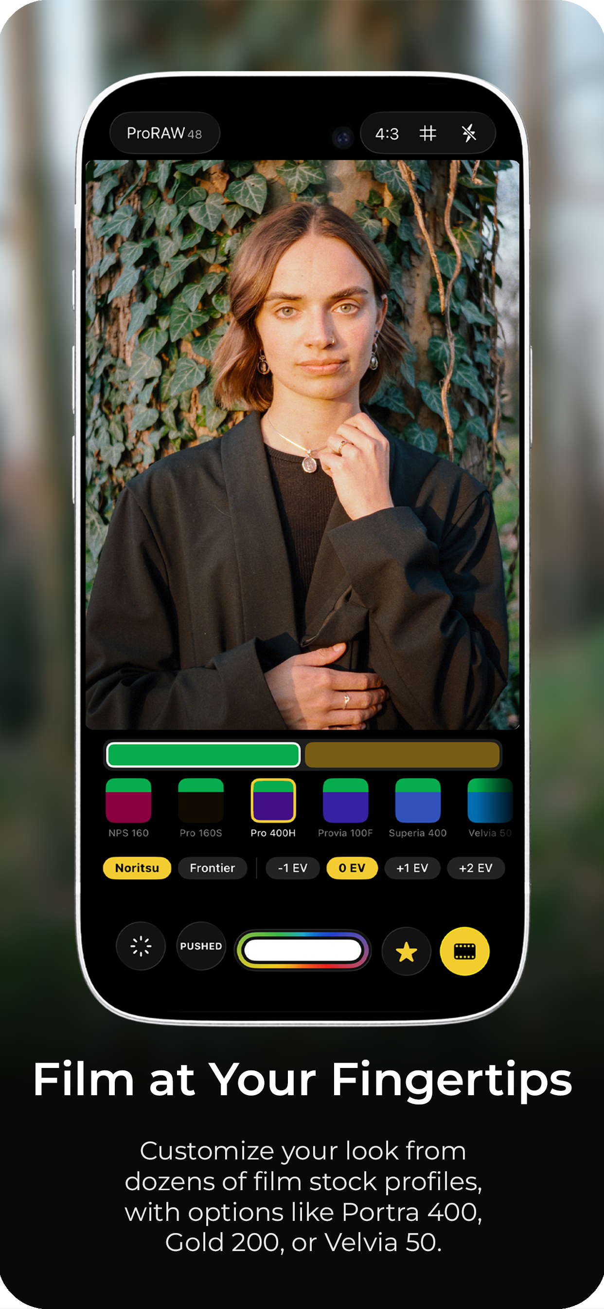 Film stock profiles, scan variants and exposure variants in the viewfinder